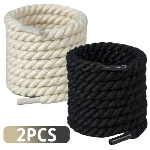 Chunky Rope Shoelaces for Sneakers, 0.31-Inch Thick Round Braided Shoe Laces, 55-Inch Cotton Polyester Blend Strings replacement, 2-Pack (Black & Beige)