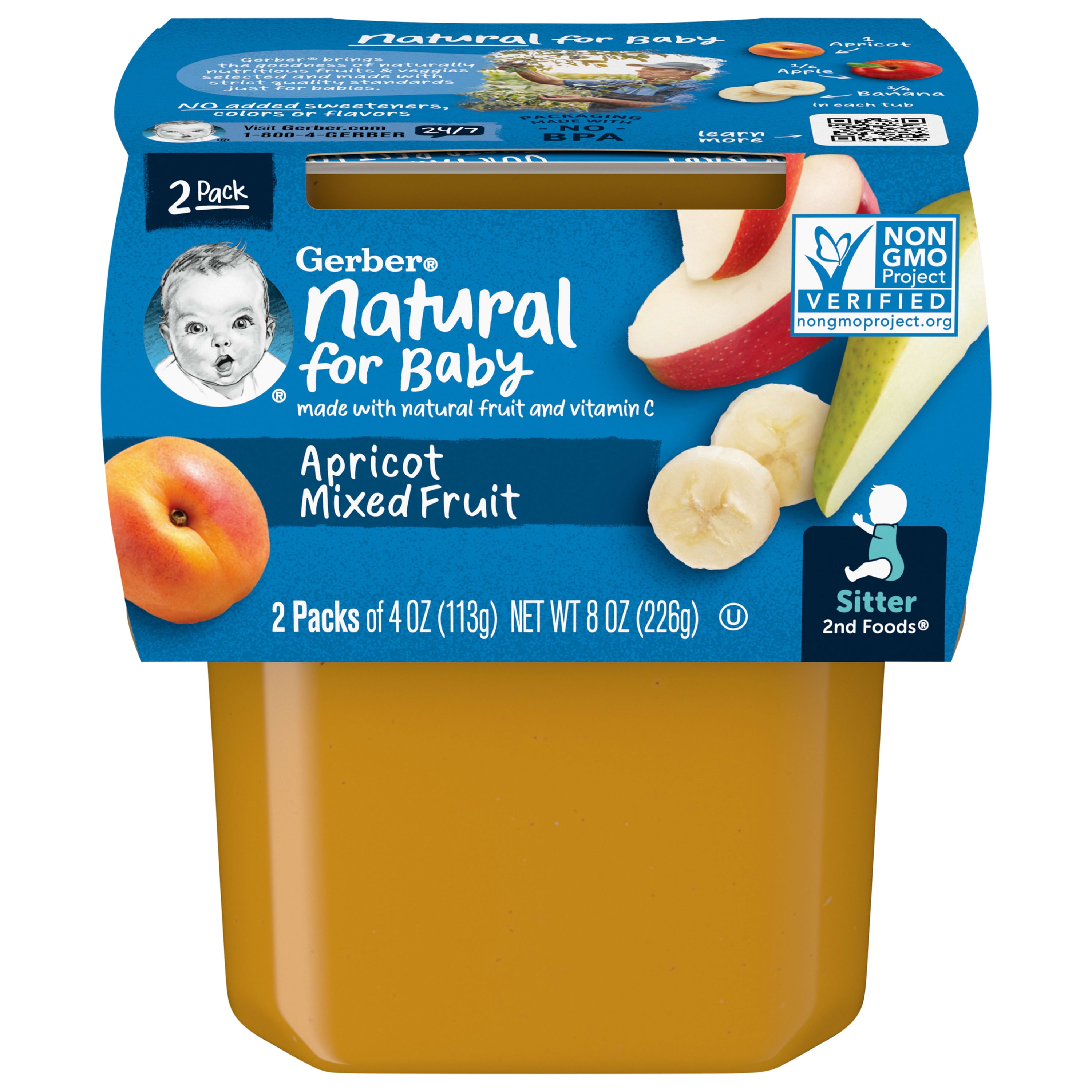 Gerber 2nd Foods Natural for Baby Baby Food, Apricot Mixed Fruit, 4 oz Tubs (16 Pack)