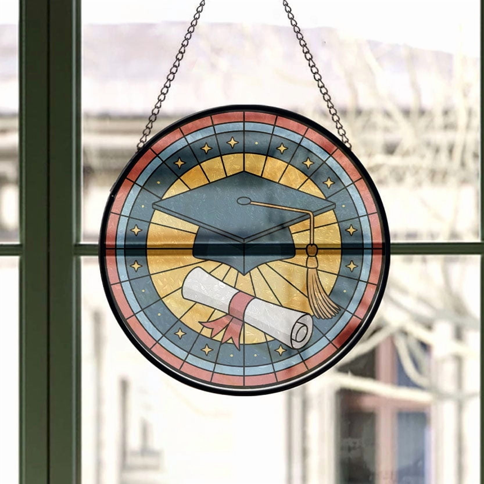A Graduation Cap and Diploma Stained Glass Suncatcher Window Hanging – Holiday Window Hanging Gift with Custom Text for Family, Friends, Man & Woman, Christmas 2025 Tree Keepsake