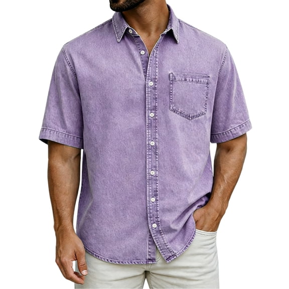 Uwinwear Men's Classic 1 Pocket Short Sleeve Button Up Shirt Washed Denim Short Sleeve Shirt Loose Fit Casual Summer Tops,Purple,XL
