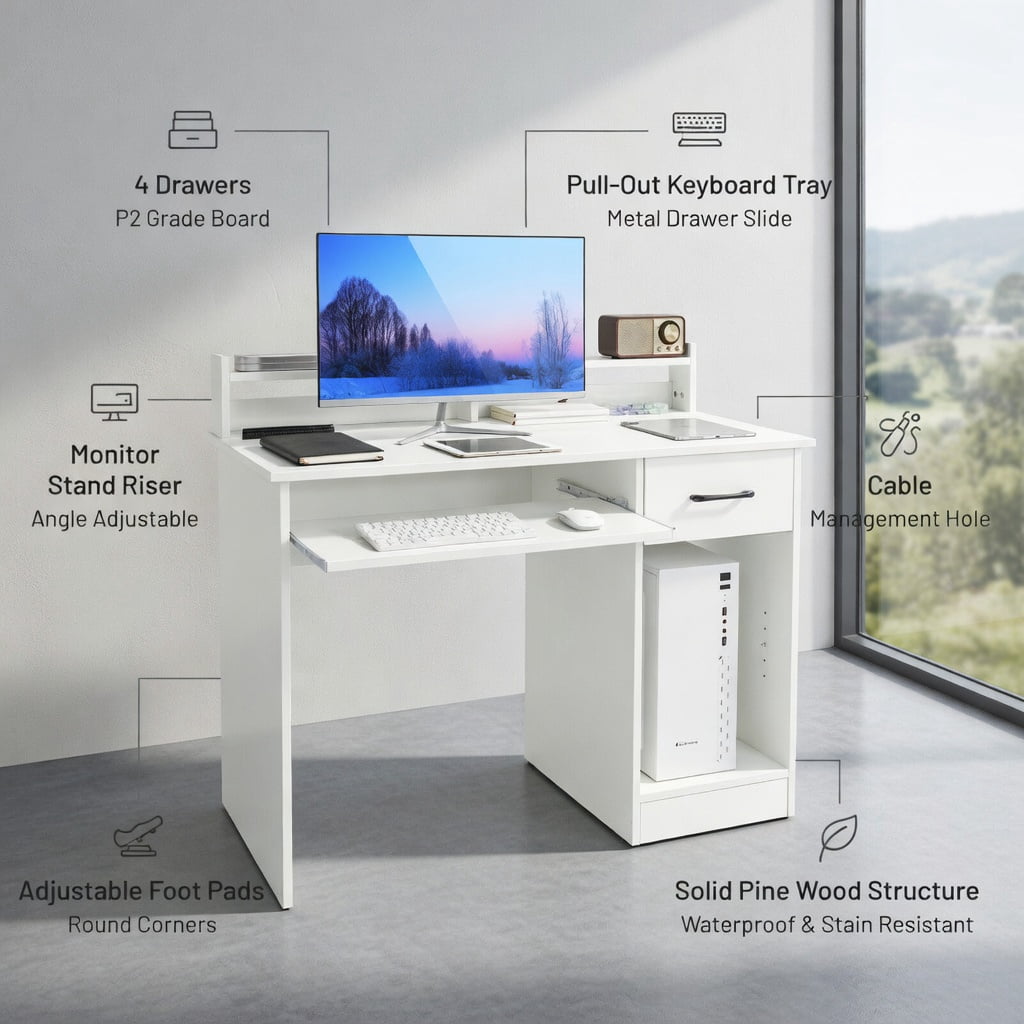 Topcobe Study Laptop Table with Drawer and Keyboard Tray, Desks for Bedrooms, Ideal for Working and Studying, White