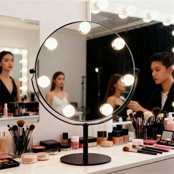 Tabletop Hollywood Mirror with Lights, 11.8"x17" Lighted Makeup Mirror for Vanity with 7 LED Bulbs, 3 Lighting Modes, Dimmable & 360° Rotation, Ideal for Dressing Room & Makeup Studio (Black)