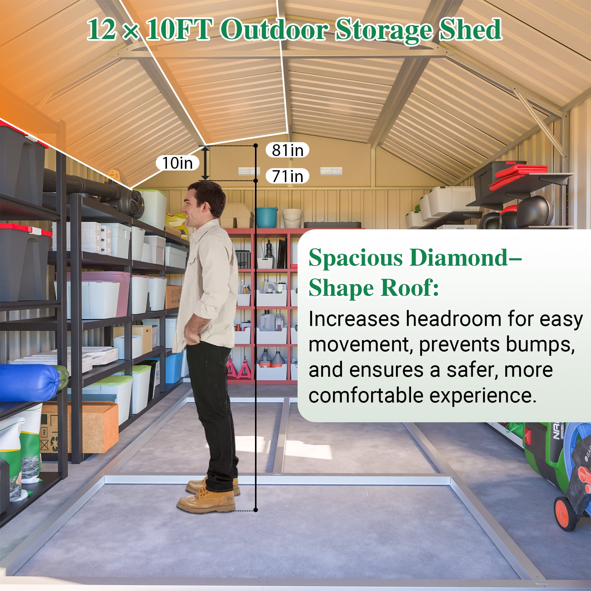 LZBEITEM 10' x 12' Metal Outdoor Storage Shed with Floor Frame Kit, Tool Shed Heavy Duty with Window and Lockable Door for Garden Backyard, 10.24 psf, Brown