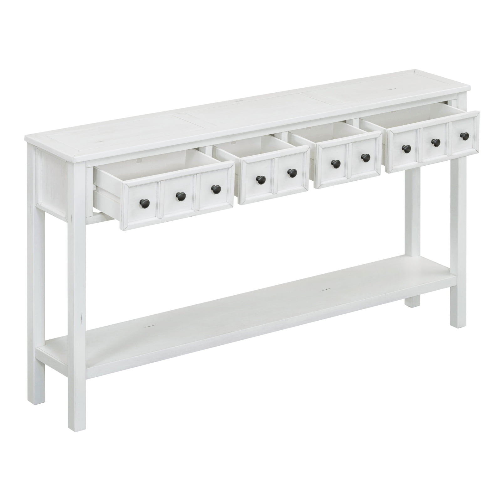 60-Inch Rustic Entryway Console Table, Long Sofa Table with 2 Small Drawers and 2 Larger Drawers, Bottom Shelf for Storage (Antique White)