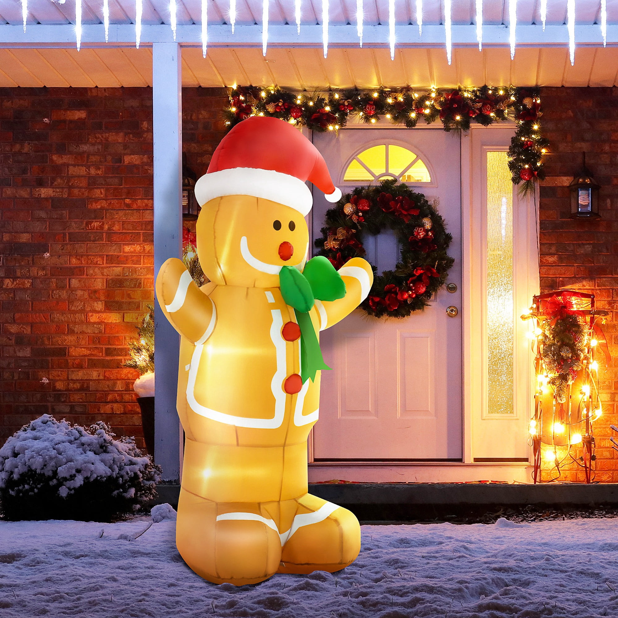 6ft Christmas Inflatable Gingerbread Man with Santa Hat Waving Hands Built-in LED Lights Weather-Resistant Polyester Yard Decoration