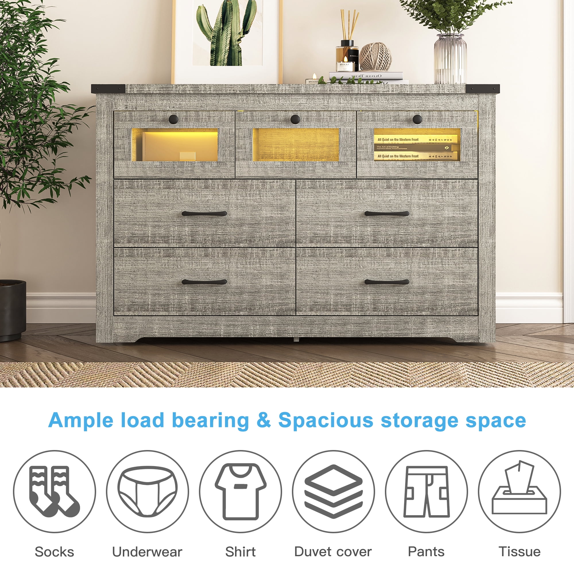 Resenkos Farmhousetic Wooden Led 7 Drawers Dresser for Bedroom, Industrial Gray Chest of Drawers Resenkos Farmhousetic Wooden Led 7 Drawers Dresser for Bedroom, Industrial Gray Chest of Drawers