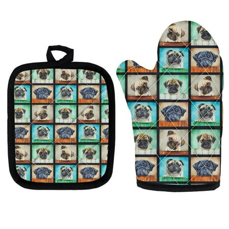 

Cute Potholders Oven Mitts Microwave Baking Gloves Pug Dog Print Insulation Gloves and Mat Polyester Kitchen Gloves for Cooking