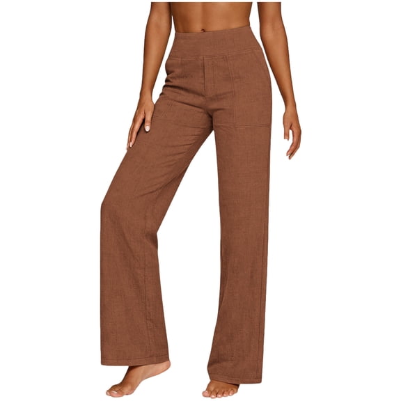 Ecqkame Womens Wide Leg Linen Pants Summer Casual Loose Elastic Waist Solid Color Pant Lightweight Breathable Beach Trousers with Pockets Coffee XL