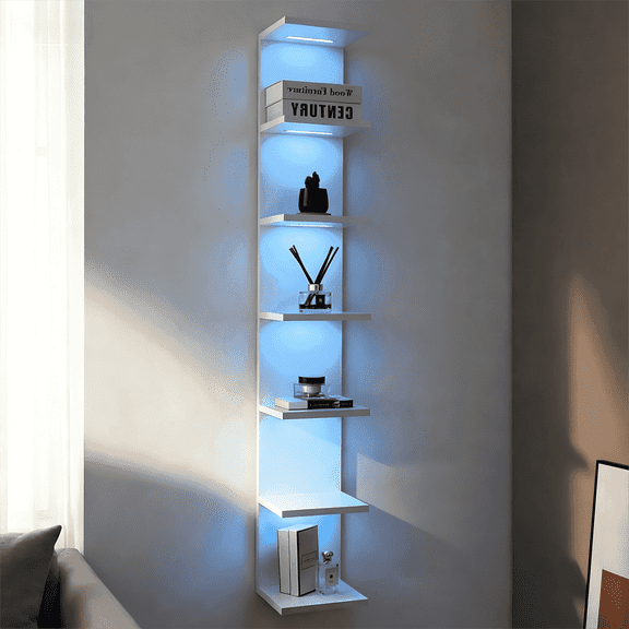 7-Tier Wall Shelf with 10 RGB Lighting Modes, Multifunctional Wall Mounted Vertical Display Floating Shelf for Bedroom Living Room Vanity, White