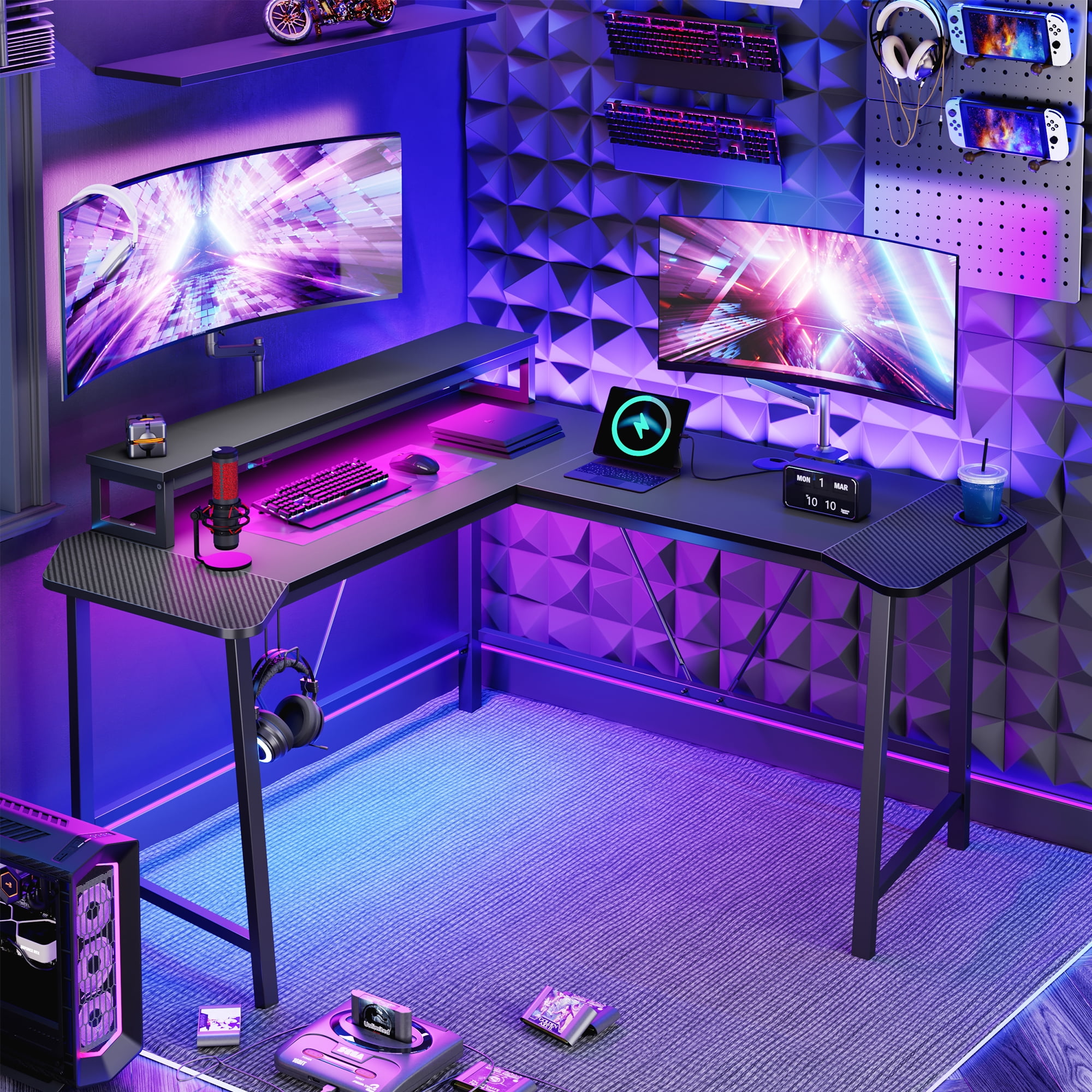 Bestier L-Shaped Gaming Desk 57 Inch Corner Computer Desk with LED Lights & Monitor Riser, Black