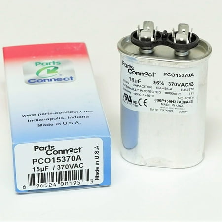 

2Pc USA Run Capacitor 15 mfd (uf) 370 Volt Oval American Made PartsConnect PCO15370A