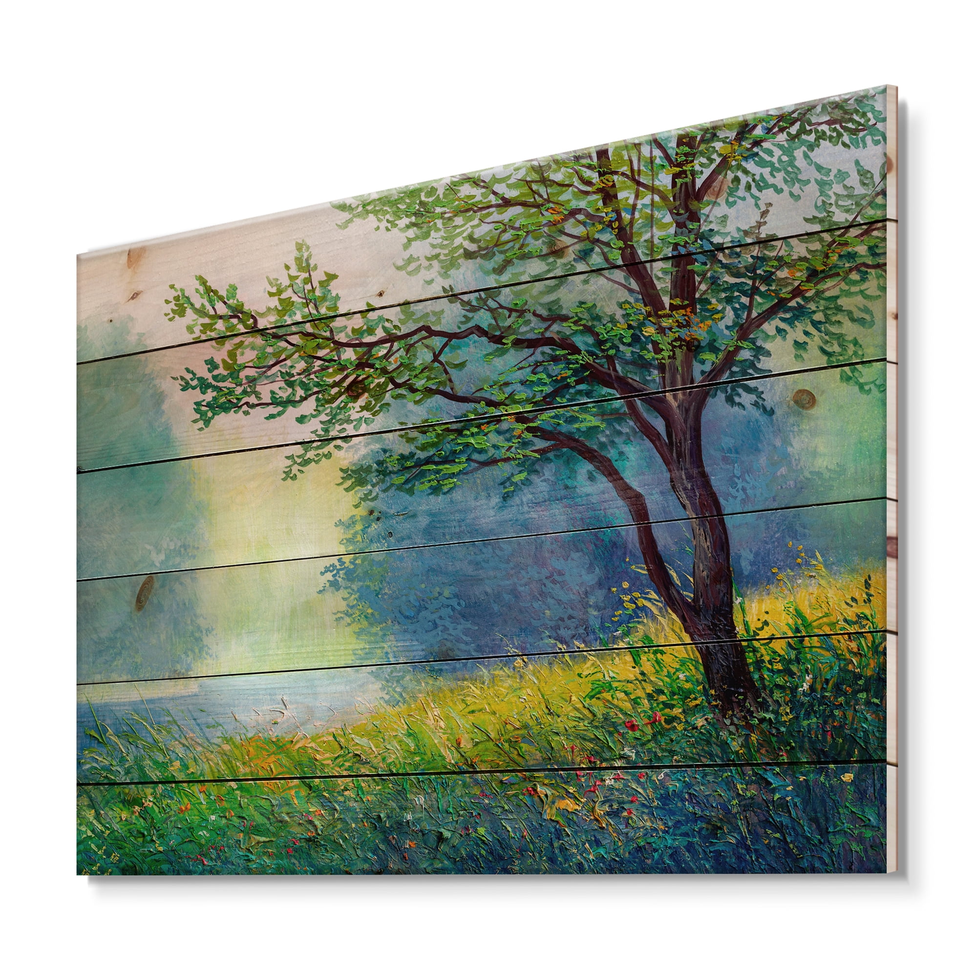 Designart 'Summer Forest With Waterfall and River ' Traditional Print on Natural Pine Wood