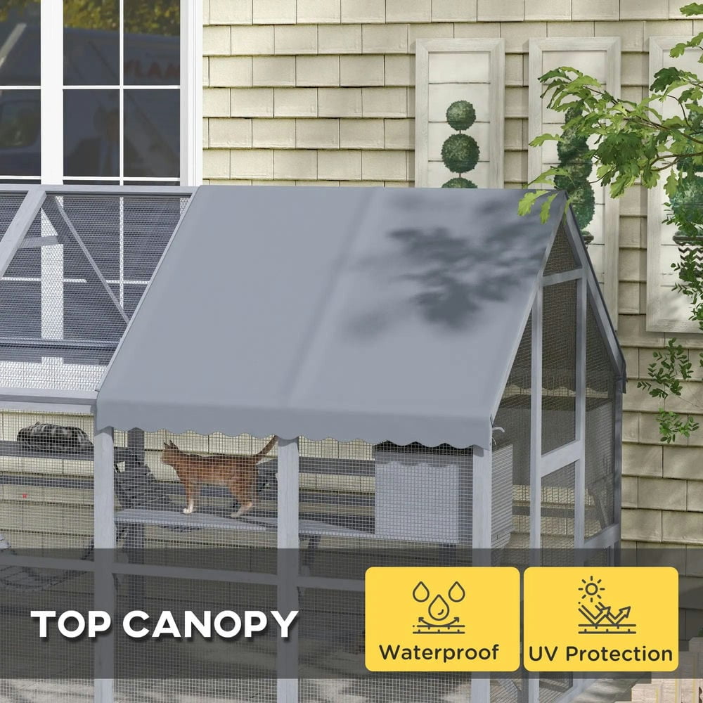 Spaco Wooden Cage Outdoor Cat Enclosure with Waterproof Cover, 2 Condos, 6 Platforms, Bridge, Doors, Gray