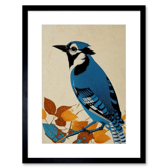 Blue Jay Textured Autumn Bird Artwork Framed Wall Art Print 9X7 Inch