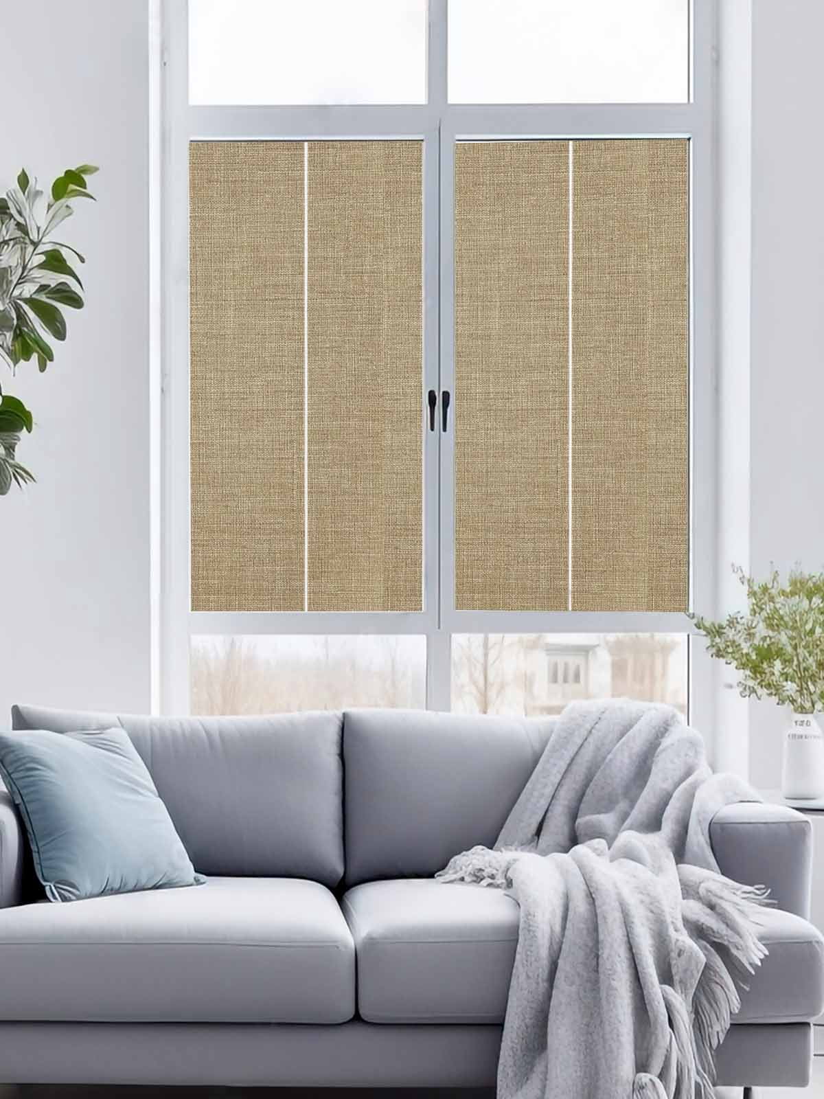 Reusable Static Cling Window Tints, Beige Window Privacy Film Frosted, Farmhouse Burlap Solid Brown Color Modern Linen Texture Heat Control Windows Films for Offices, Balcony, 29.5 x 118 Inches