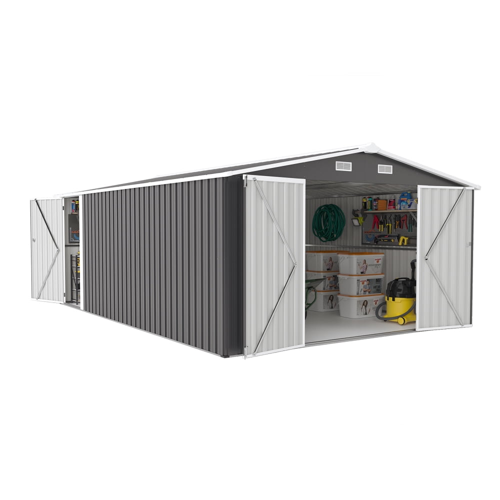 10x14 FT Metal Storage Shed with 2 Lockable Doors & 4 Vents, Sloped Roof Outdoor Garden Shed for Backyard & Patio，dark Grey