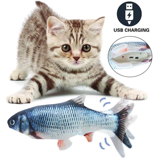 Realistic Plush Moving Fish Kicker Toy with Cat Wand & Spring Toy Electric Floppy Fish Cat Toy Wiggle Fish Catnip Toy Interactive Pets Pillow Chew Kick Supplies for Kitten Flippity Fish Cat Toy 