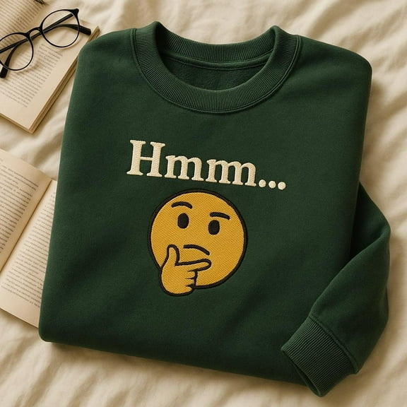 Hmm Embroidered Sweatshirt, Thinking Emoji Crewneck, Sarcastic Top, Gift for Ponderer, Funny Saying Embroidered Sweater, Trendy