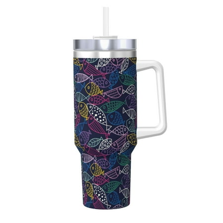 

Uemuo Cute Line Fish Print 40oz Ice Bully With Handle And Straw Stainless Steel Vacuum Insulated Cup And 2 In 1 Straw Lid Insulated Travel Tumbler