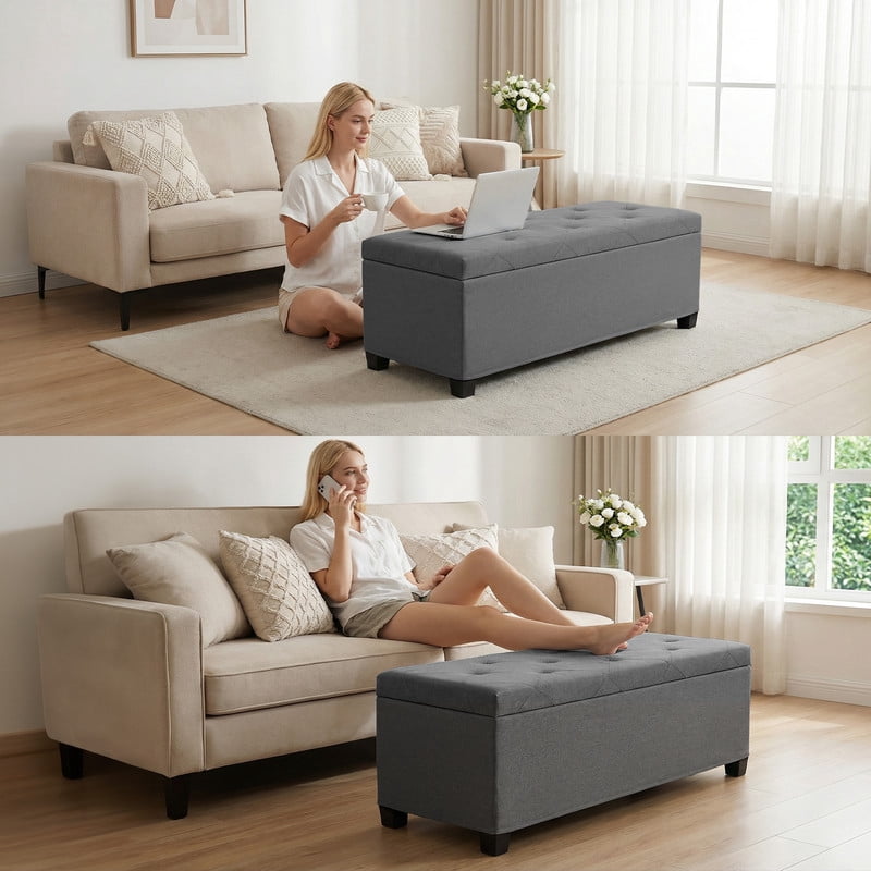 Gianna 43 Inch Storage Ottoman Bench, Tufted Upholstered End of Bed Chest, Foot Rest with Legs, Ample Capacity for Living Room, Entryway, Dark Gray