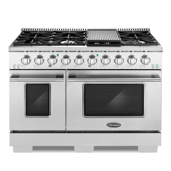 Cosmo 48 in. Lumin Collection 5.5 cu. ft. Double Oven Dual Fuel Range with 8 Burners, Cast Iron Grates in Stainless Steel