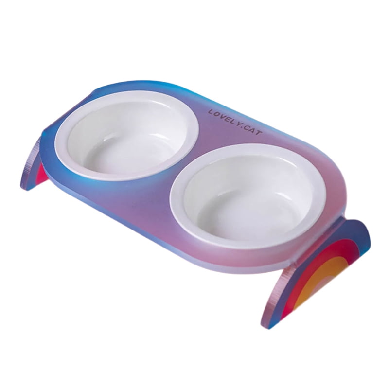 Yiran Ceramic Double Cat Bowl with Rainbow Stand, Blue