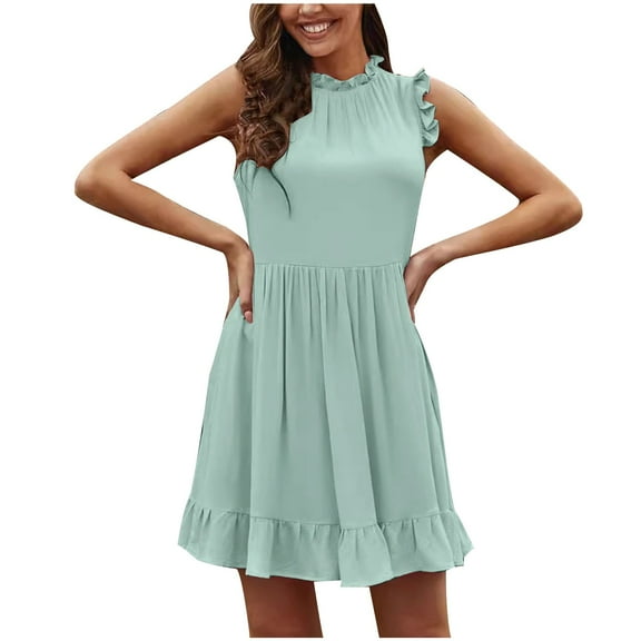 New Summer Plus Size Dresses for Women 2024 Fashion Solid Color Crew Neck Skirt Ruffled Solid Color Sleeveless Dress Sleeveless Crew Neck Knee-length Dress