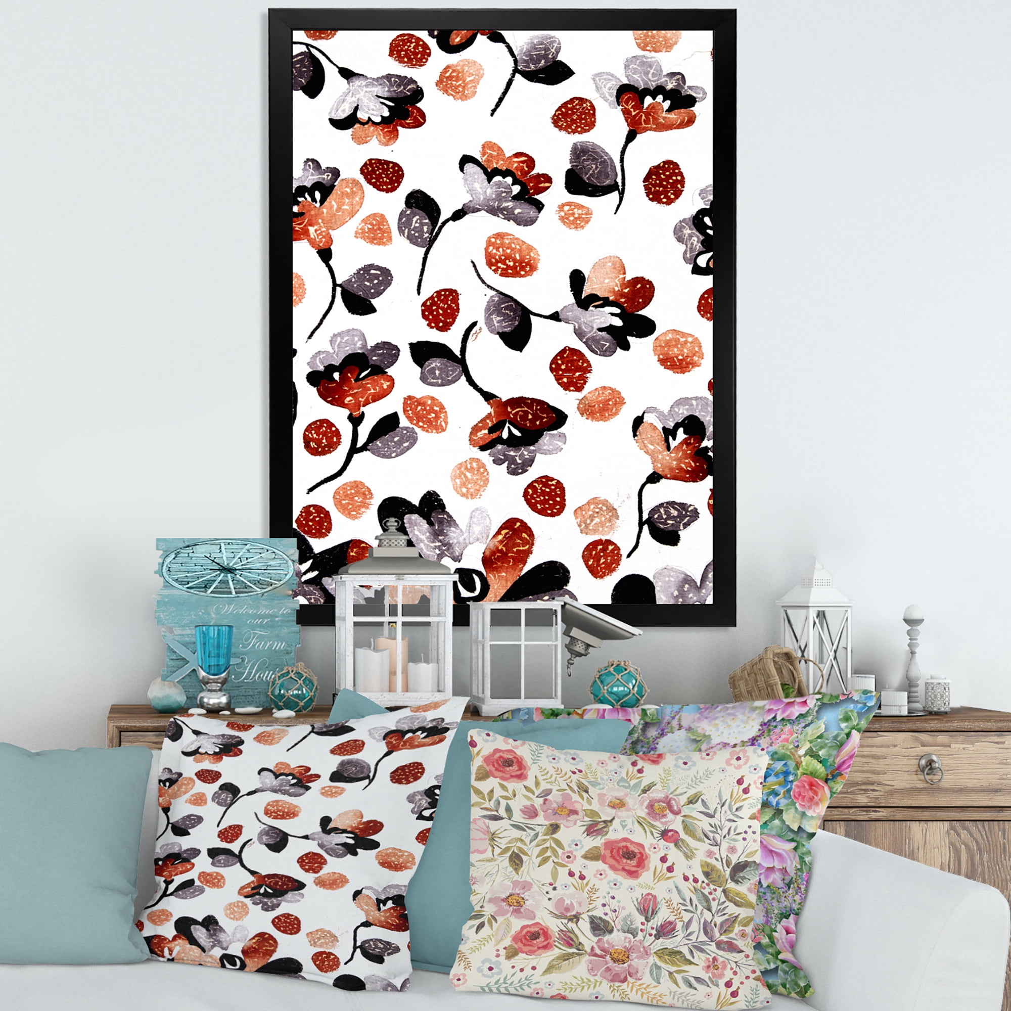 Designart 'Modern Flower In Red Blue and Orange' Bohemian & Eclectic Framed Art Print