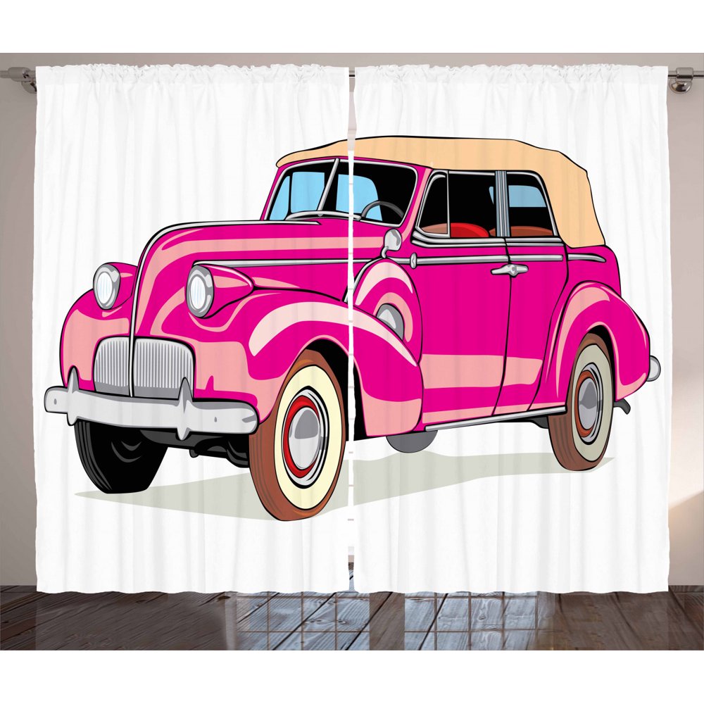 Cars Curtains 2 Panels Set, Convertible Car Fifties Curved Edges Vintage Vehicle Vibrant Colored