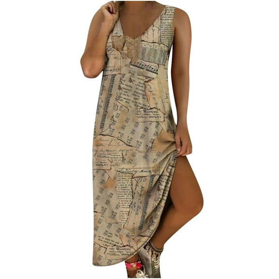 IROINNID V-Neck Shift Dress For Women Casual Plus Size Print Pockets Sleeveless Long Dress Comfort Waist Dress