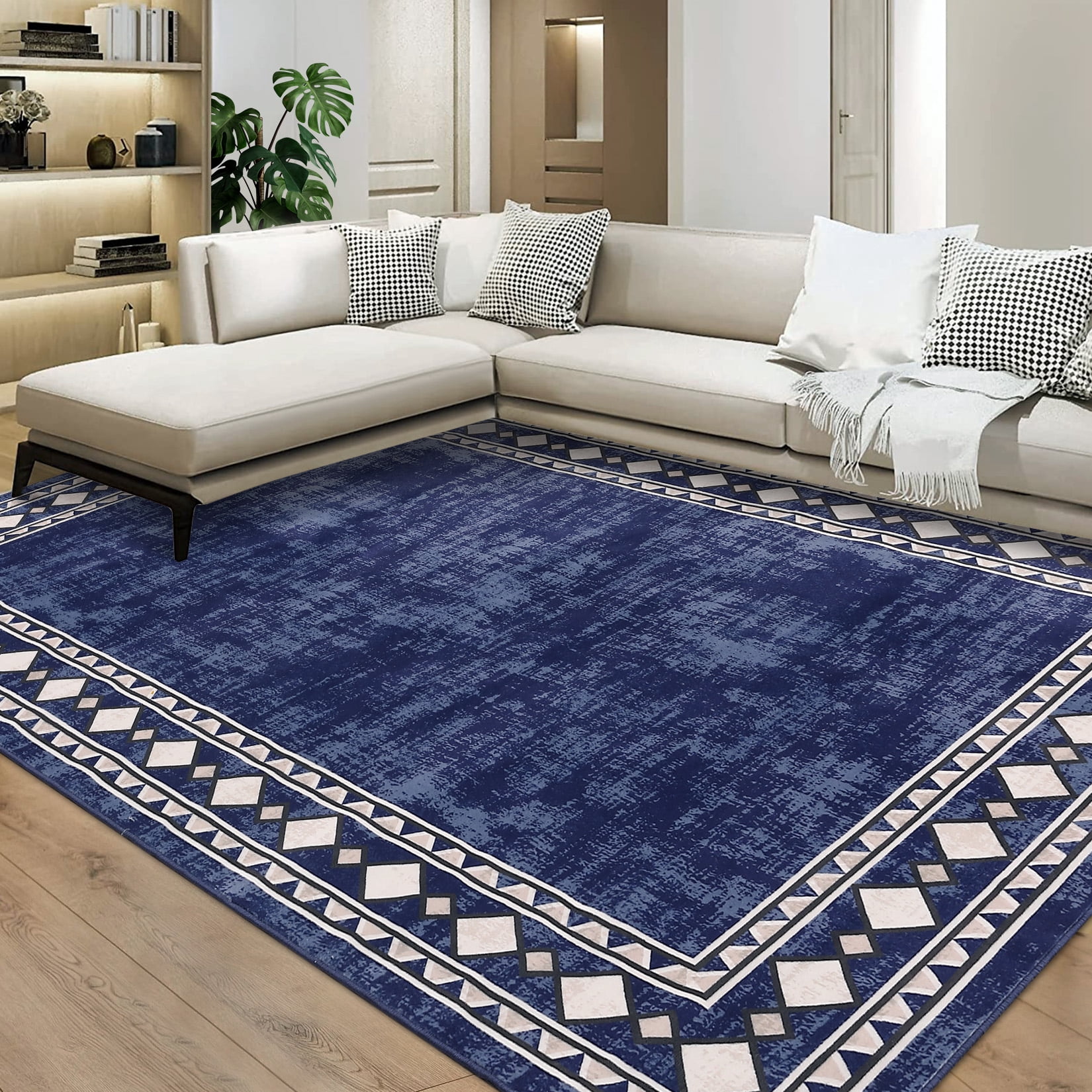 Garvee 10'x13' Geometric Bordered Area Rugs Contemporary Rugs for Living Room, Non-Slip Washable Rugs Soft Throw Rugs Low-Pile Stain Resistant Carpet for Bedroom Dining Room Farmhouse, Blue
