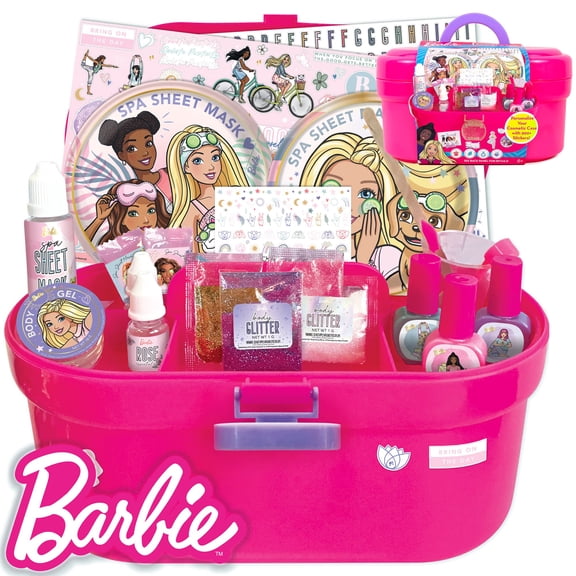 Barbie Cosmetic Case by Horizon Group USA, DIY Beauty Kit for an at-Home Spa Day, Create Your Own Face Sheet Masks, Nail Art & Body Glitter, Includes Reusable Storage Case with Removable Tray Barbie -