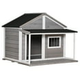 thumbnail image 2 of PawHut Outdoor Dog House Cabin Style, Wooden Raised Pet Kennel with Asphalt Roof, Front Door, Side Window, Porch for Medium/Large Dogs, Loading 53 Lbs., Grey, 2 of 9