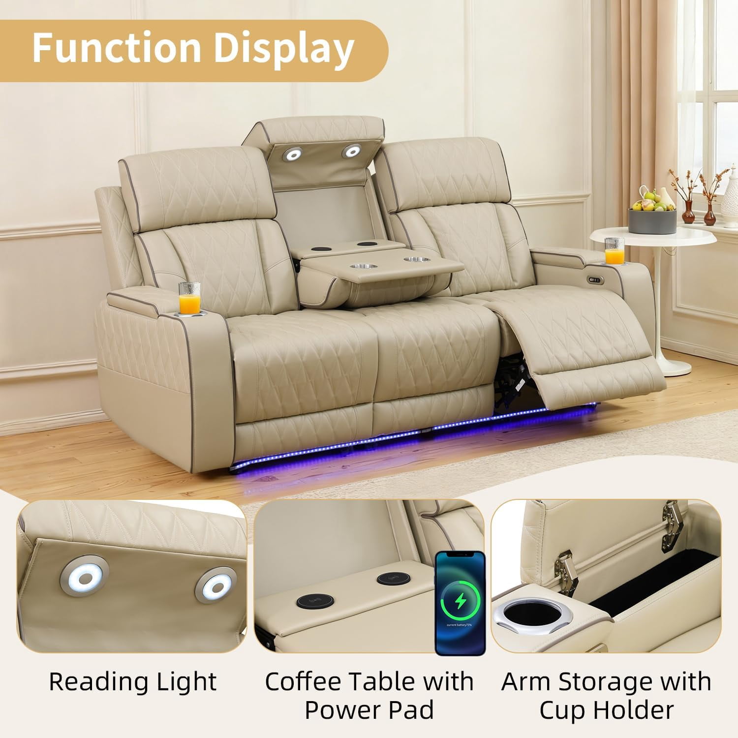 Gewnee Power Recliner Sofa Set with LED,Wireless Charging, Air Leather Living Room Furniture, Reclining Leather Sofa with Usb Ports/Cup Holders/Armrest Storage