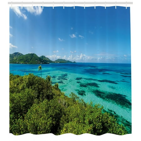 Coastal Shower Curtain Green Trees Clear Water Idyllic Beach