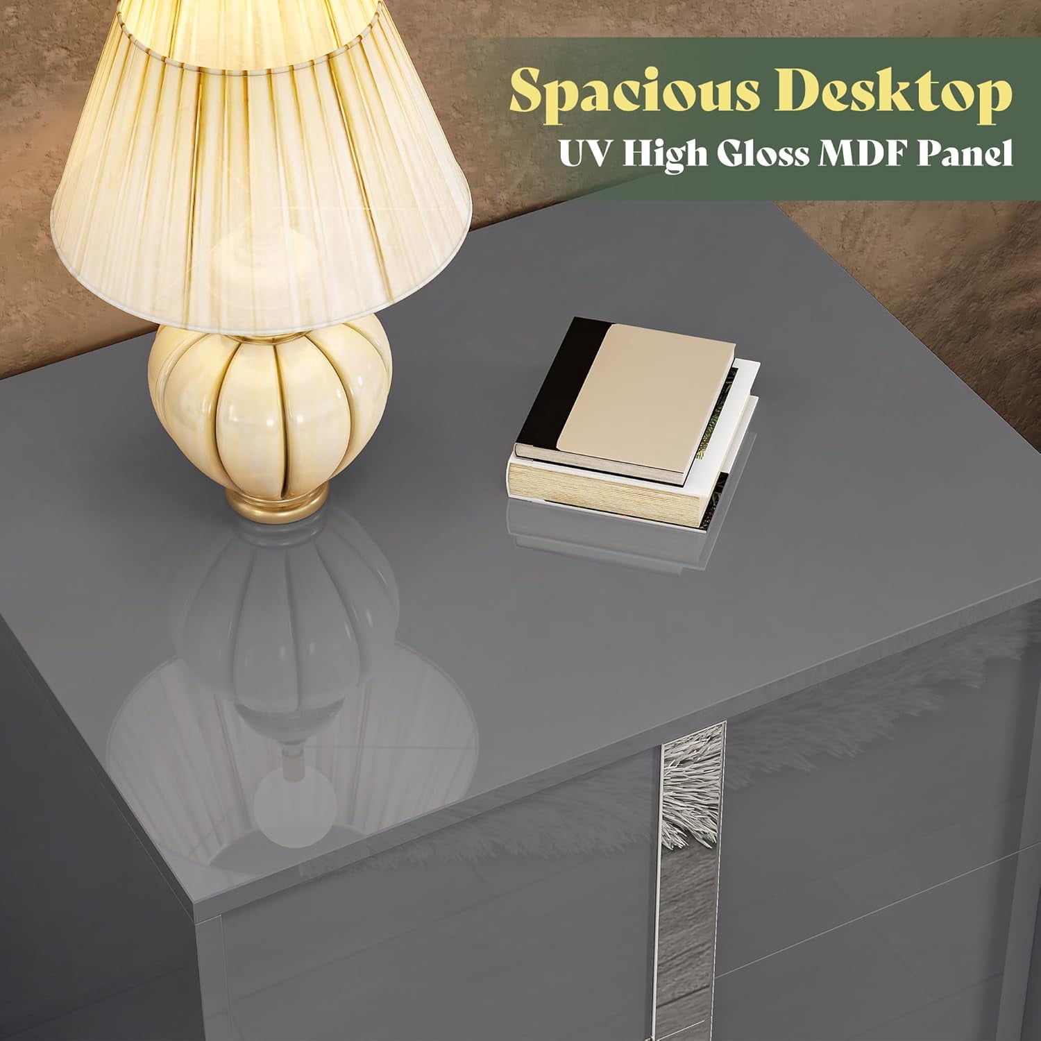 VanAcc Nightstand Set of 2 with Drawers & High Gloss UV Finish,Storage End Tables for Bedroom,Grey