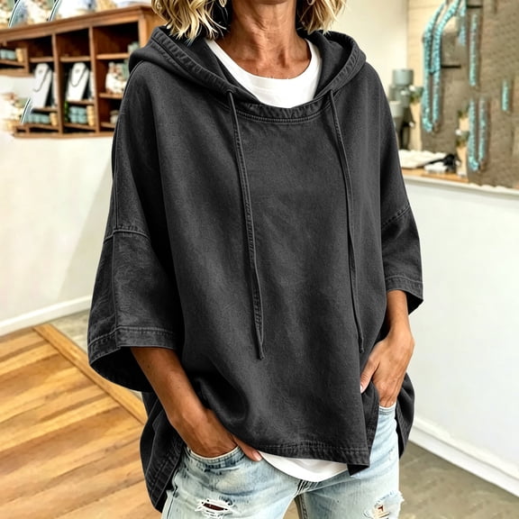 Women Tops Hooded Sweatshirt Solid Color Short Sleeve Casual Sports Top for Fall Winter Daily Working Wear