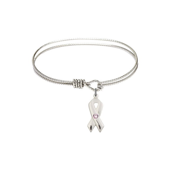 6 1/4 inch Oval Eye Hook Bangle Bracelet w/ Cancer Awareness medal charm w/ Light Purple Swarovski Crystal