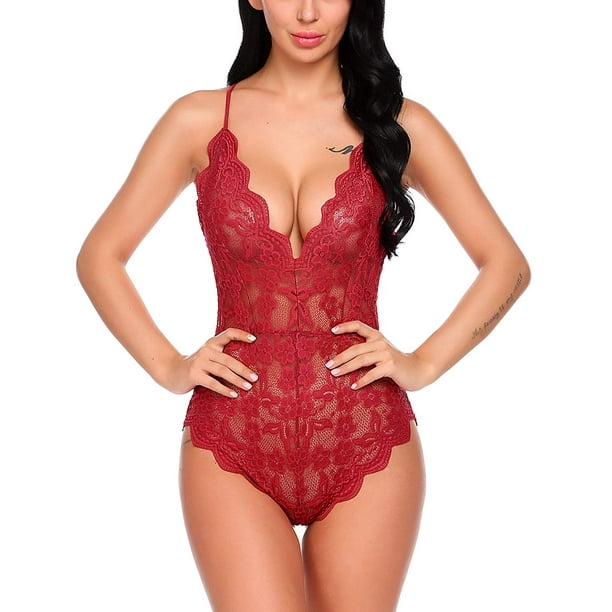 Women Lace Teddy Lingerie Chemise V-Neck One Piece Babydoll Mini Bodysuit,  Enhance Your Curves and Beautifully Highlight Your Figure Red XL 