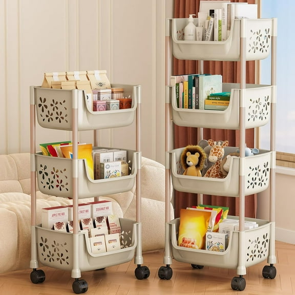 3-Tier Rolling Utility Cart with Wheels, Multifunctional Plastic Trolley with Lockable Casters, Mobile Storage Organizer for Kitchen Bathroom Dorm Laundry Room