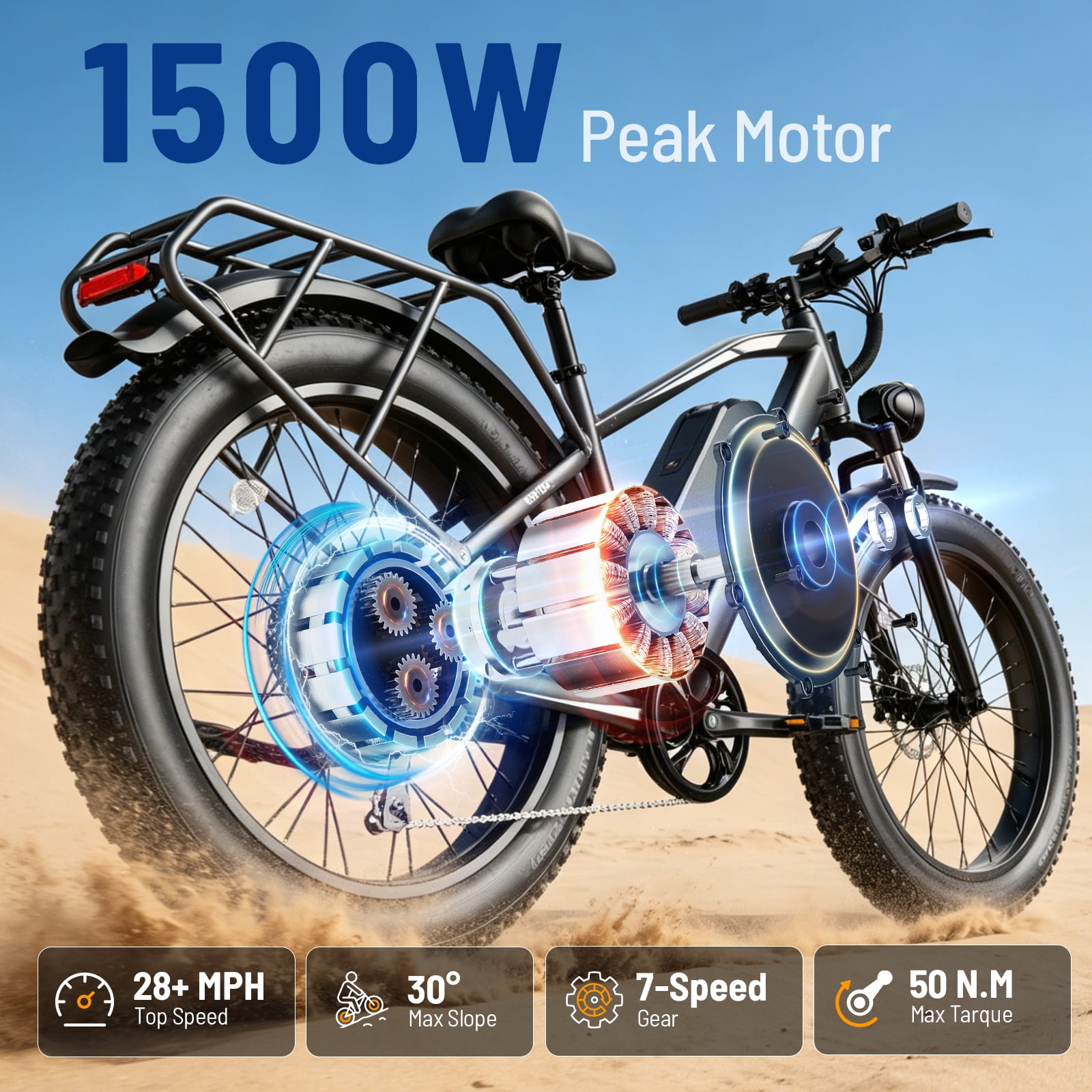 YareYi Electric Bike for Adults 26", 2000W Peak E-Mountain Bicycle, 28MPH Fat Tire Ebike, 48V 15Ah Removable Battery, 7 Speed and Front Suspension with Rear Rack UL2849