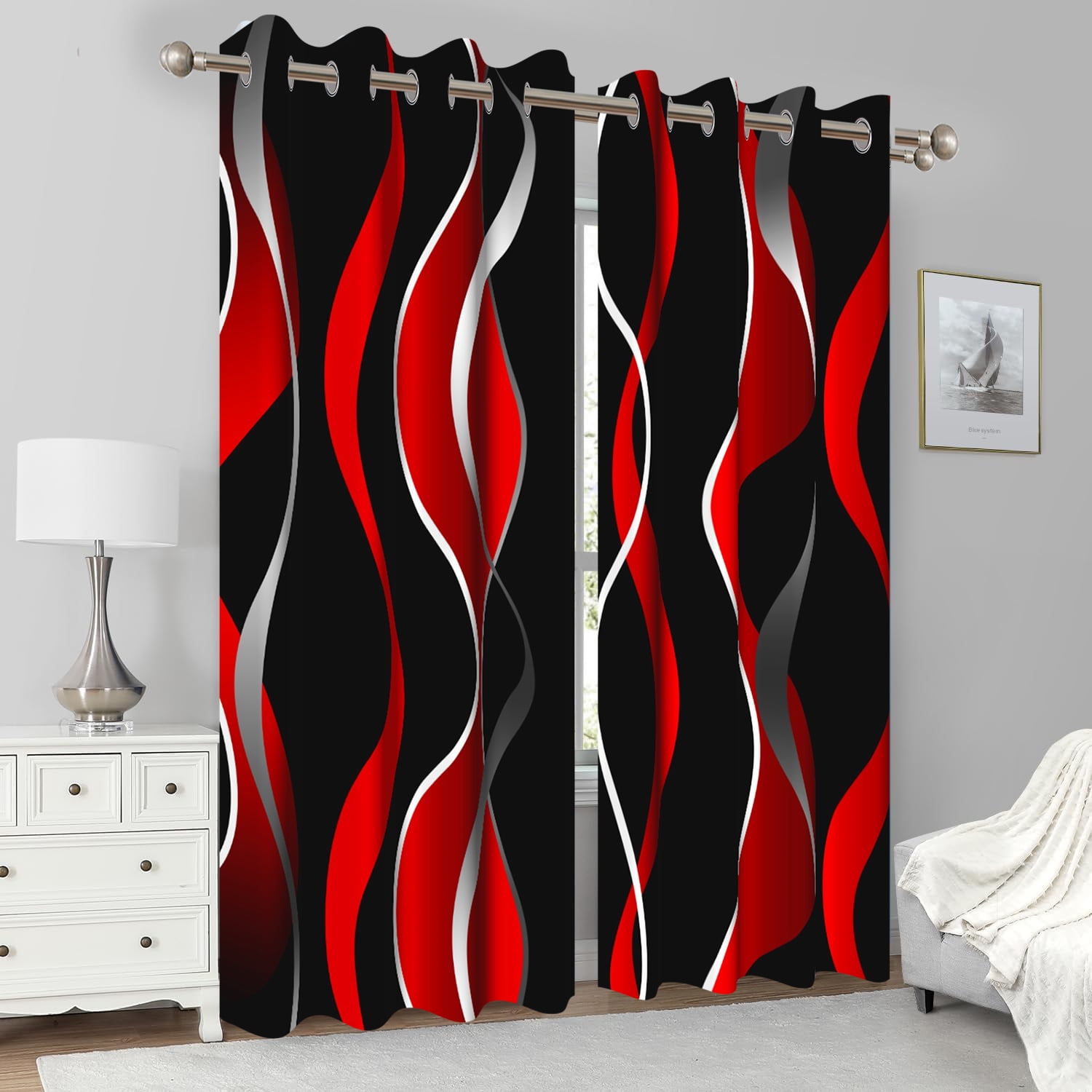 2 Panels Red and Black Blackout Curtain for Bedroom,Modern Striped Grommet Window Drapes for Living Room,52x84 Inch