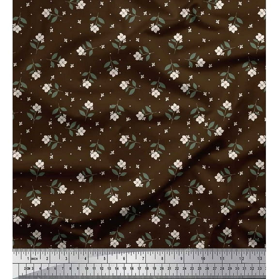 Soimoi Brown Cotton Duck Fabric Dot & Floral Print Fabric by Yard 42 Inch Wide