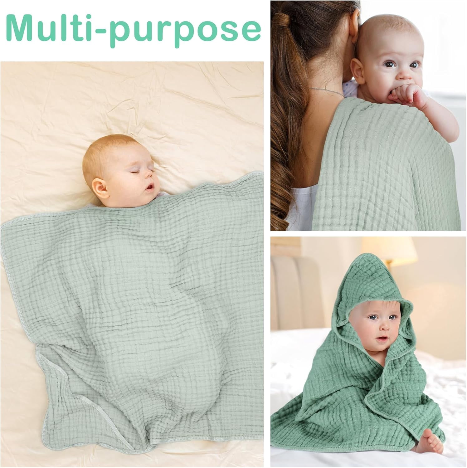 itvber Hooded Baby Towels for 1 Pack 100% Muslin Organic Cotton Baby Bath Towel with Hood 35 Inch for Babies Toddler Soft and Absorbent Boy and Girl Bath All Season