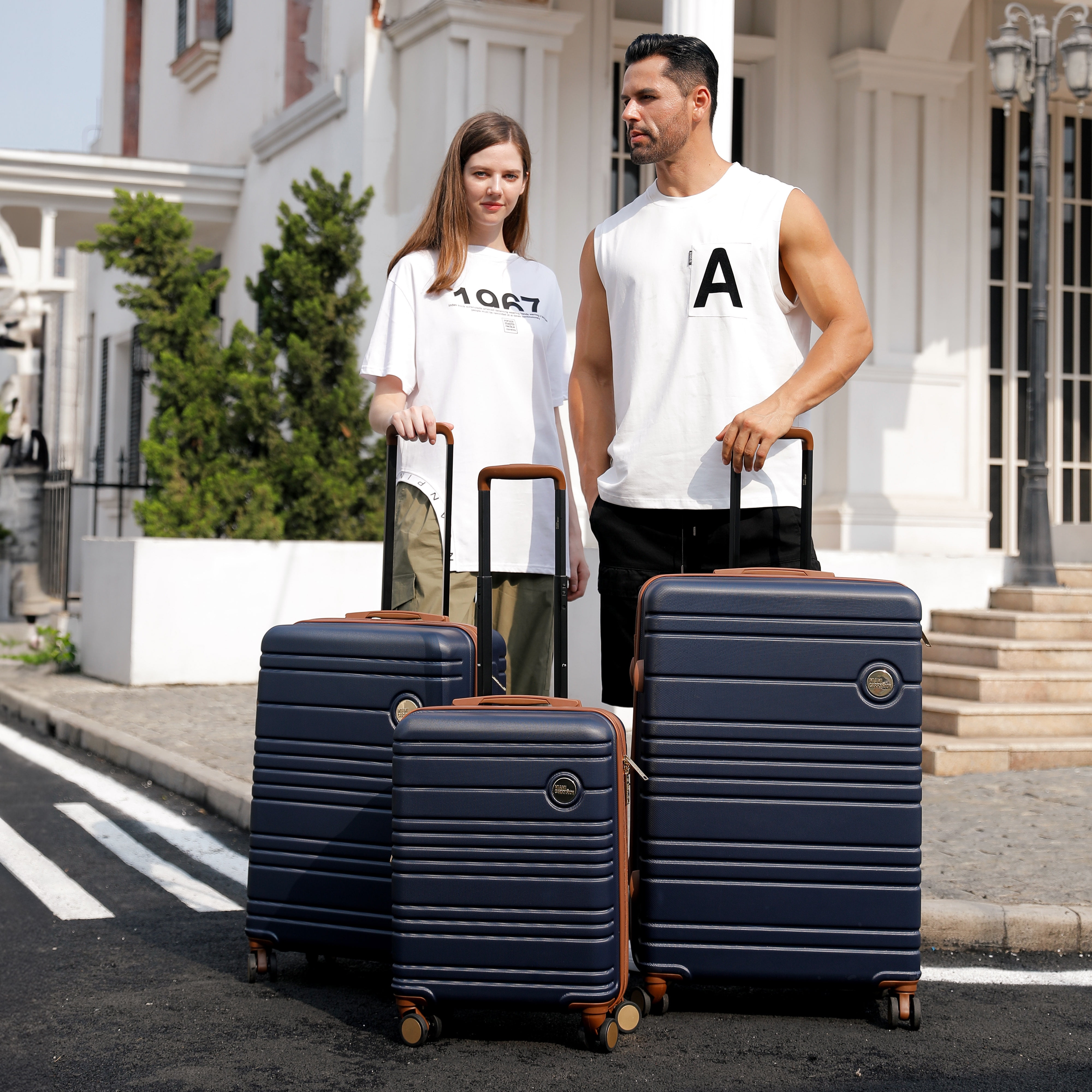 Miami CarryOn Brickell 3 Piece Expandable Retro Spinner Luggage Set (Navy)