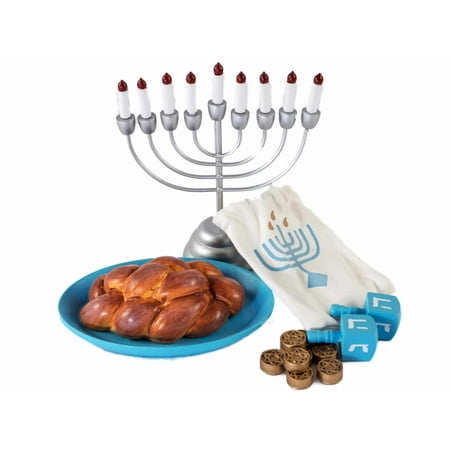 18 Inch Doll Accessories, 21 Pc Hanukkah Menorah, Gelt, Dreidel, Challah, Platter