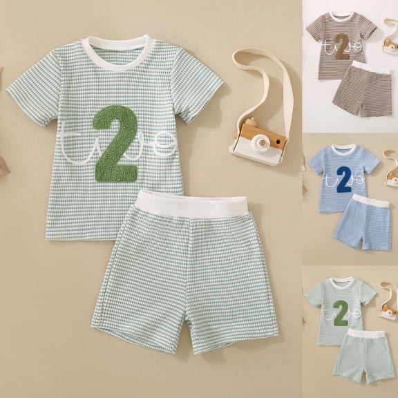 larppty Toddler Baby Boy Birthday Outfit One/Two Letter Embroidery Waffle T-shirt Top Jogger Shorts Summer Birthday Clothes（Brown， 2-3 Years）