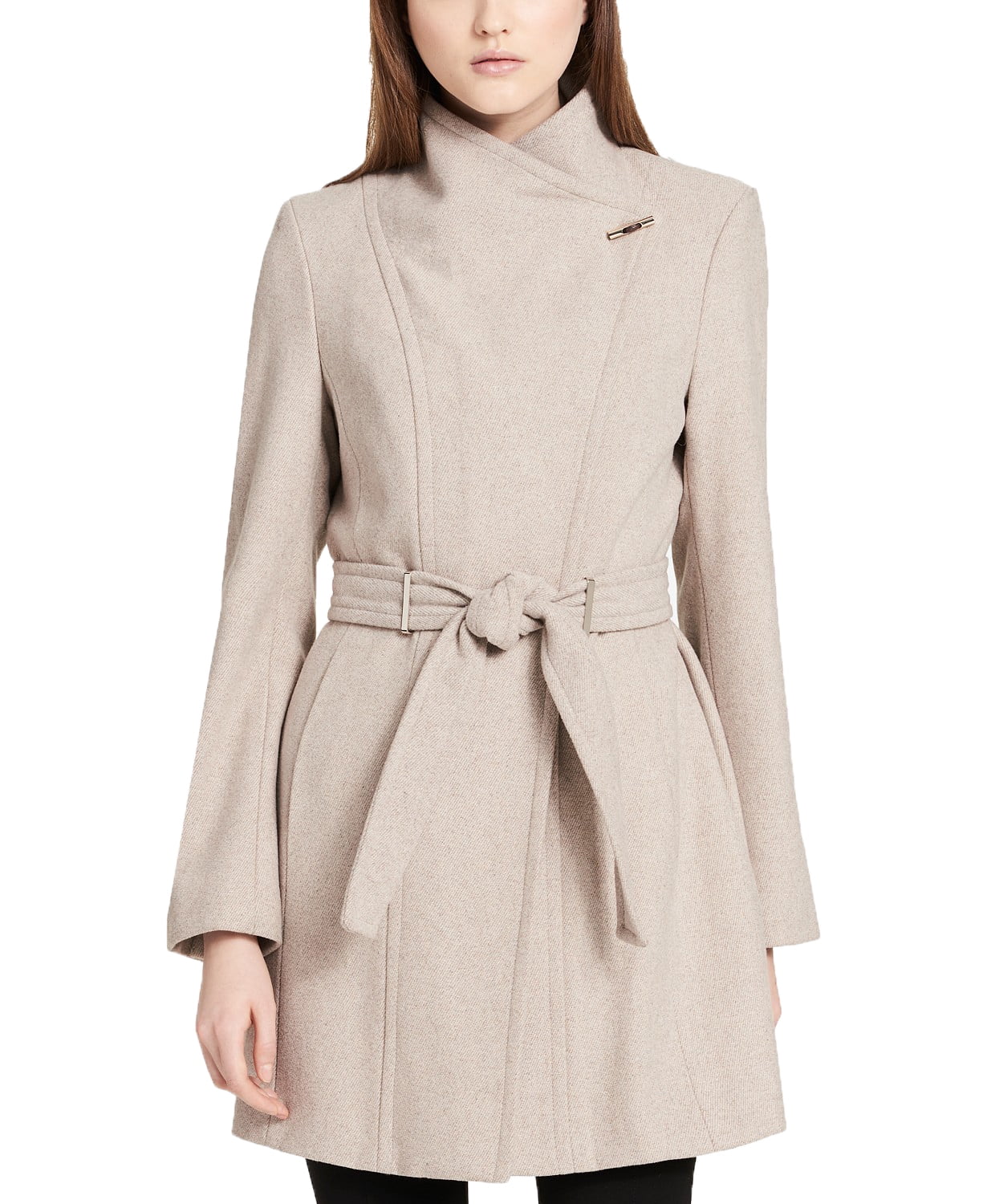 Calvin Klein Womens Belted Asymmetrical Walker Coat (Oatmeal, Small) -  