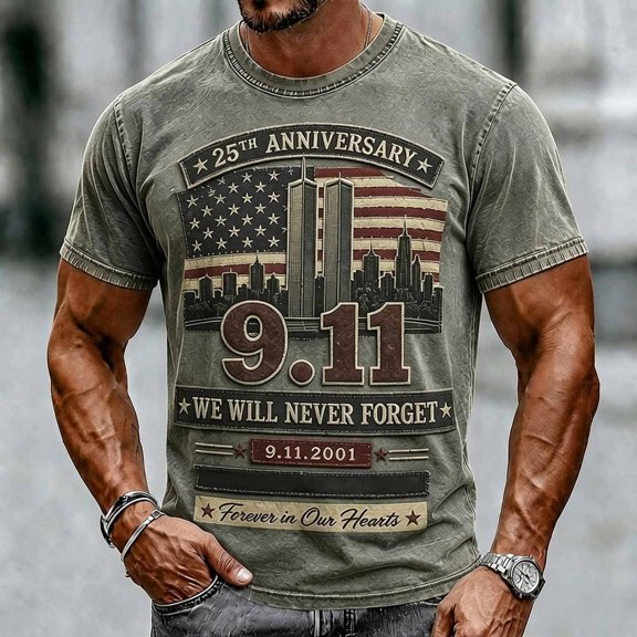 Xneal 911 25th Anniversary T-Shirt Casual Short Sleeve Print Never Forget 911 Multicolor Shirts for Men Size 2XL