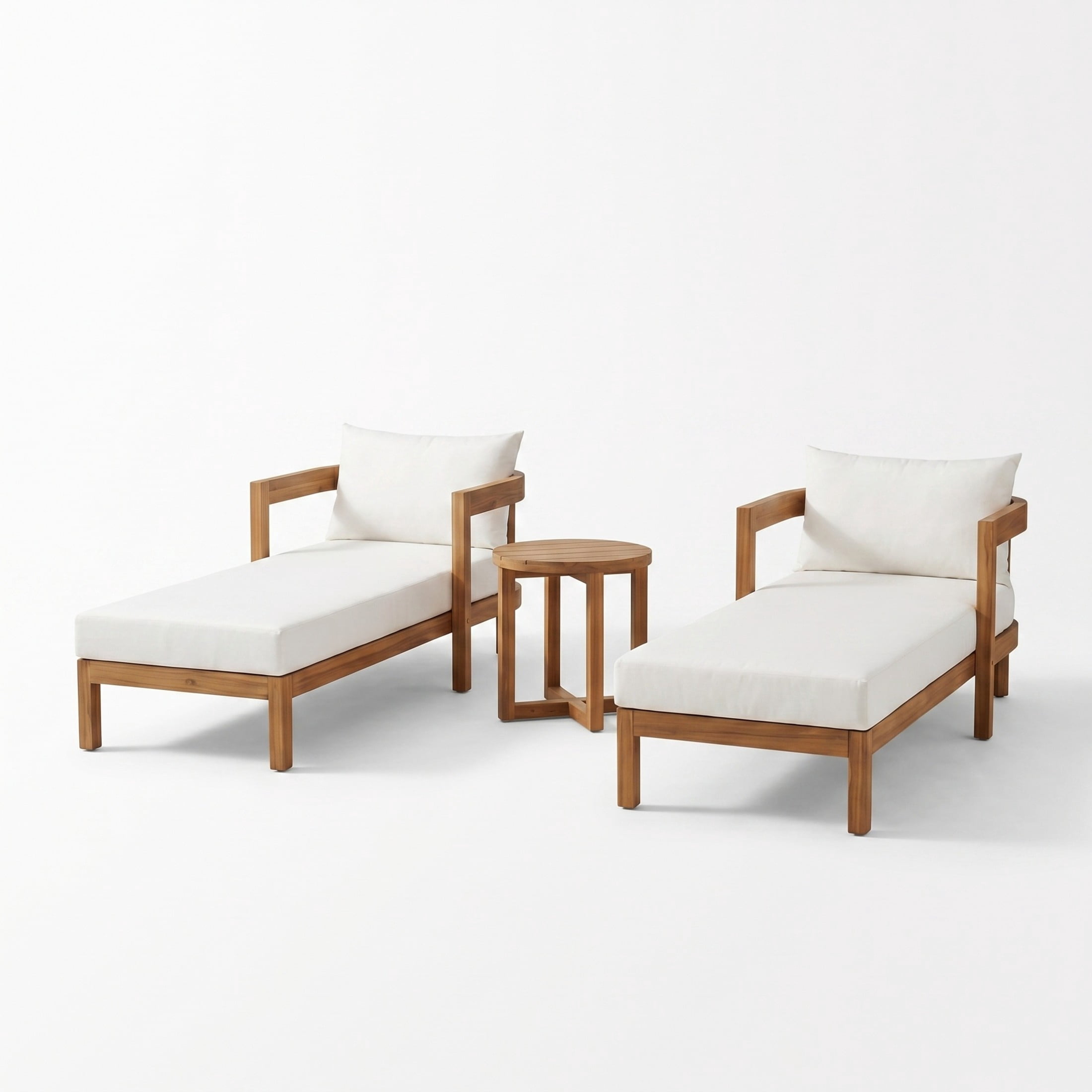 Christopher Knight Home 3-Piece Wood Outdoor Chaise Lounges Set with Round Side Table, Teak+Cream
